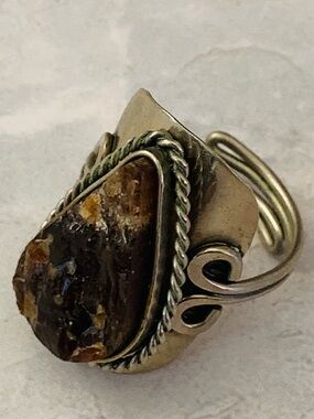 Boho Brown Jasper Statement Ring with Twisted Silver Detail Adjustable